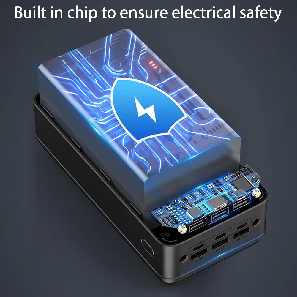 Sleek black 50,000mAh fast-charging power bank. Universal USB portable charger for all your electronic devices.