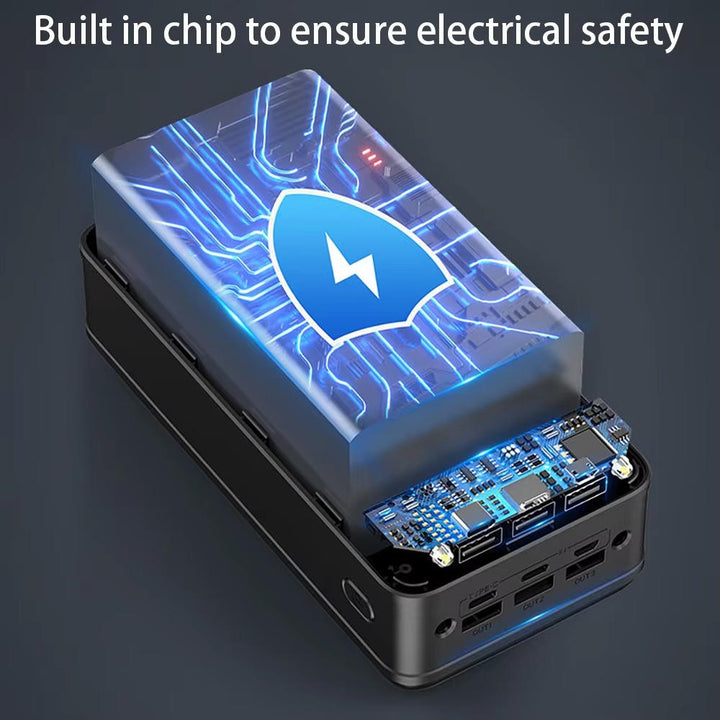 Sleek black 50,000mAh fast-charging power bank. Universal USB portable charger for all your electronic devices.