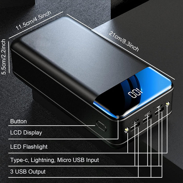 50,000mAh fast-charging power bank reliably powering a smartphone. Essential portable charger for travel & tech.