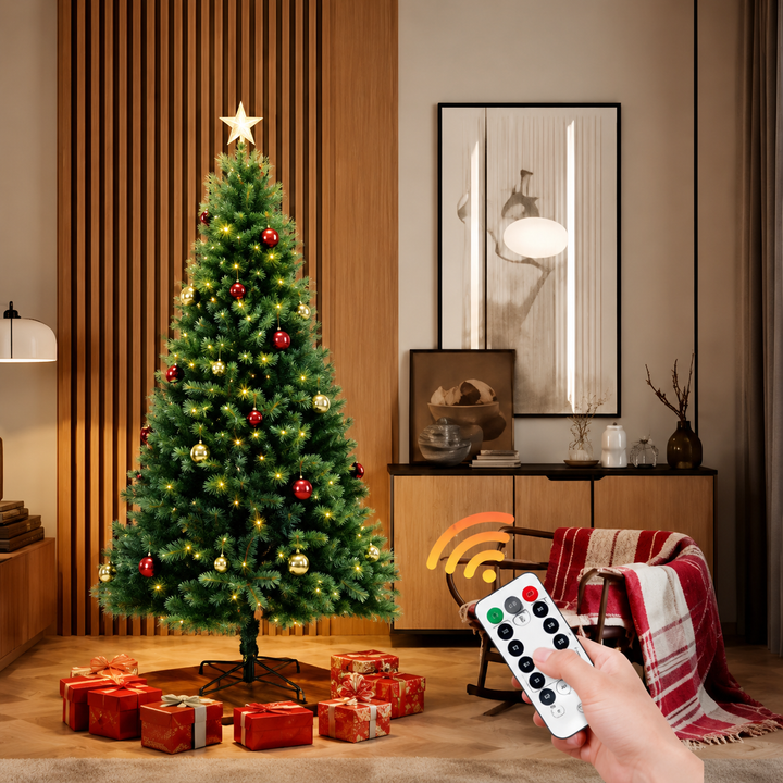 Artificial 6ft hinged pine Christmas tree, pre-lit with warm white LEDs for easy holiday decorating.