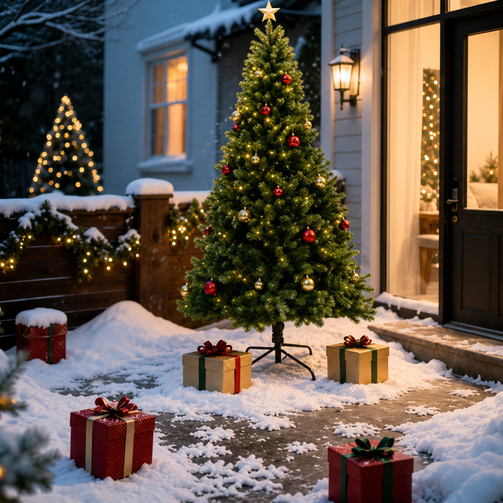 Festive 6ft artificial Christmas tree, pre-lit with warm white LED lights for elegant home holiday accents.