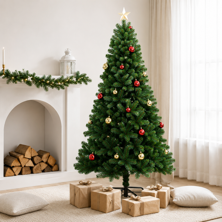 Hinged 6ft artificial Christmas tree, pre-lit with energy-efficient warm white LED lights, festive decor.