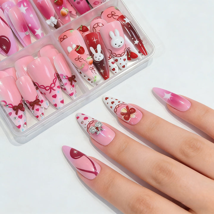 Vibrant cartoon press-on nail art for women; 96 Pcs decorative fake nails, perfect for a fun & easy manicure kit.