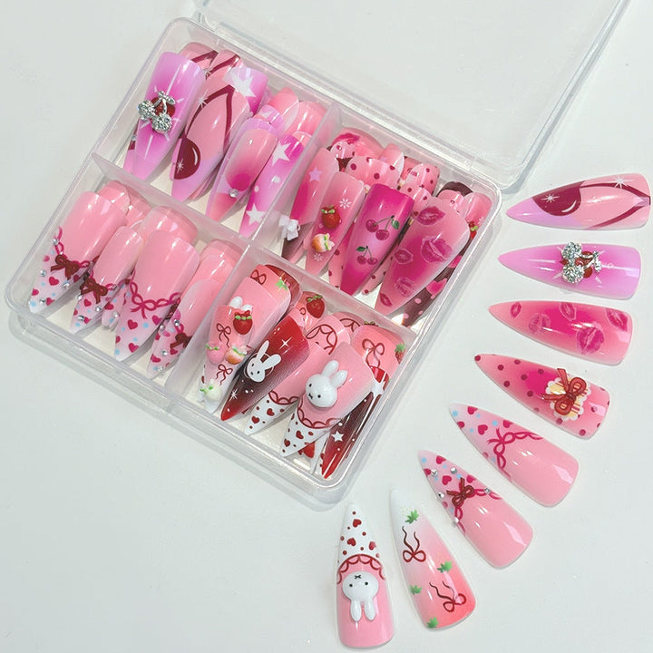 Variety of 96 Pcs instant press-on cartoon nails for women; decorative fake nail art set, easy for any fun manicure.