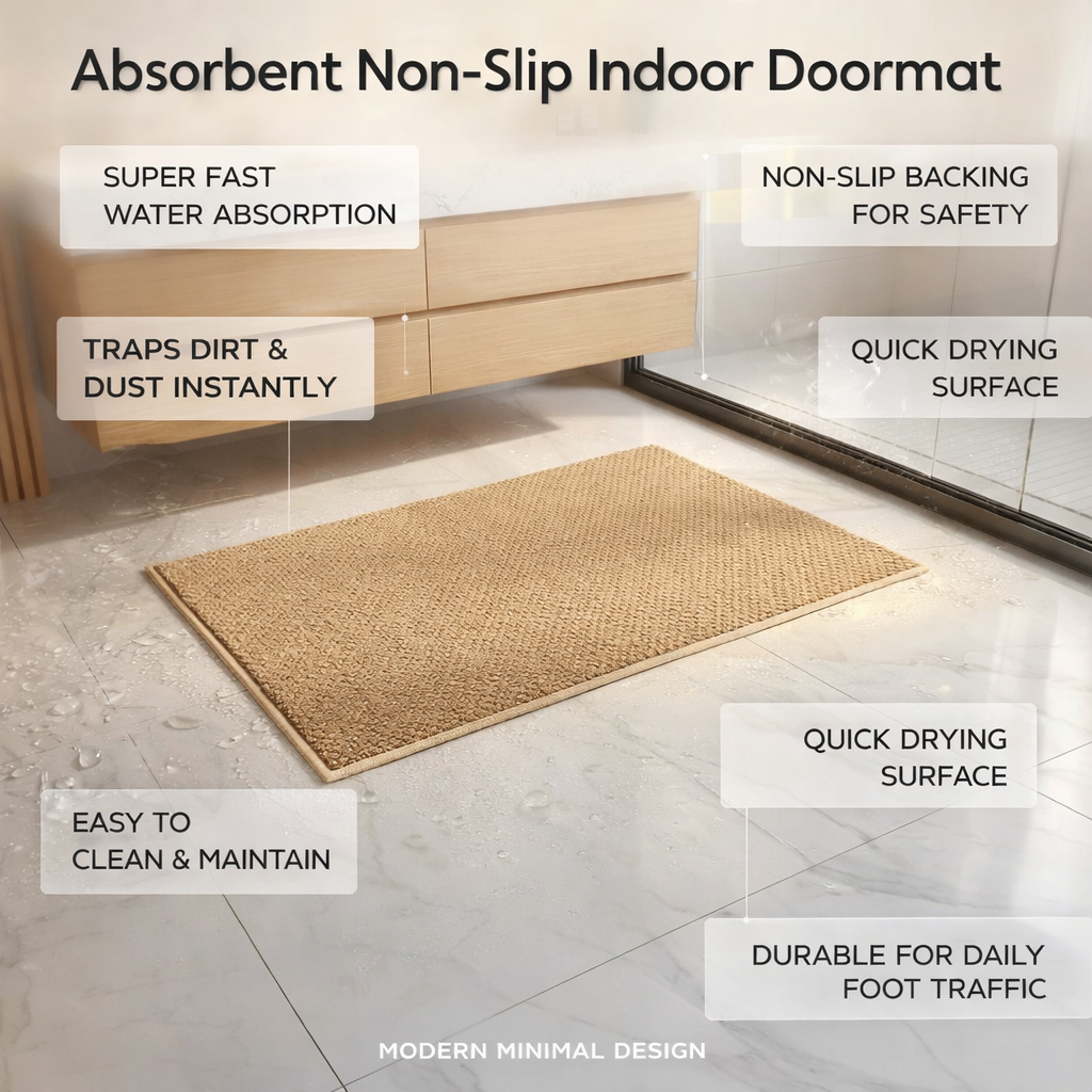 Absorbent non-slip kitchen mat for spills. Stylish and practical utility mat, adds to home decor.
