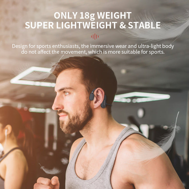 Outdoor enthusiast wears active open-ear wireless Bluetooth headphones for a safe, immersive audio experience.