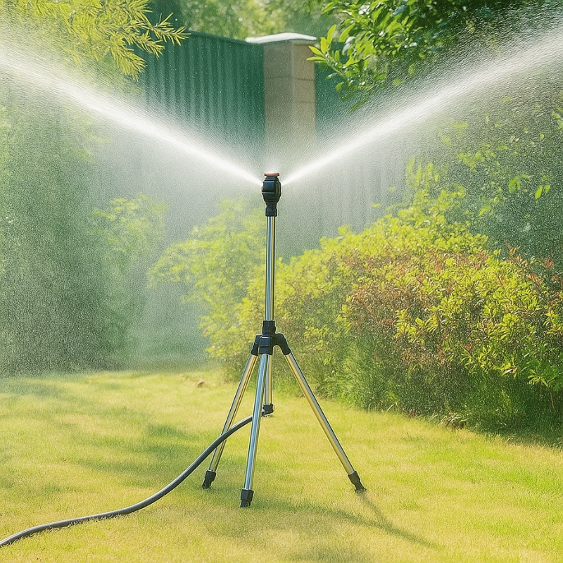 Adjustable 360° garden sprinkler for even lawn watering & plant care. Durable outdoor irrigation tool with hose connection.