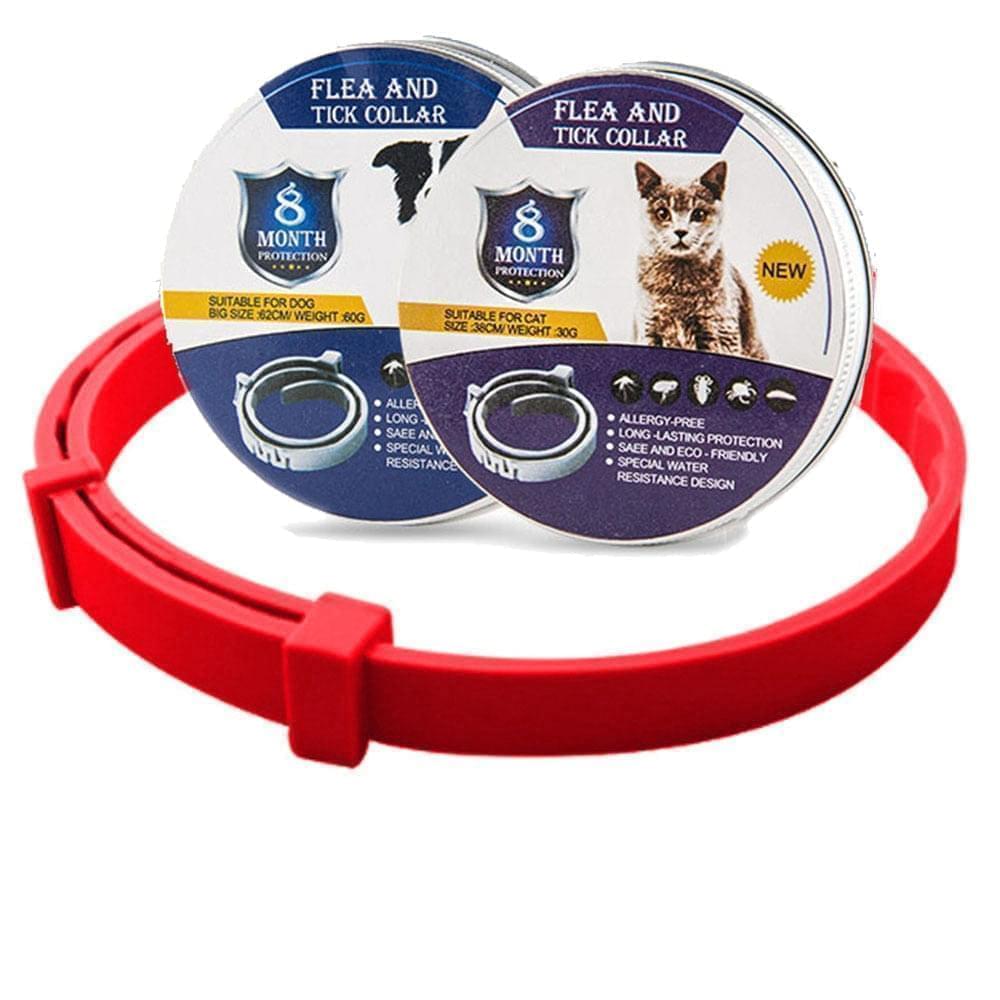 Adjustable collar providing 8-month flea and tick protection for dogs and cats. Effective pest control.
