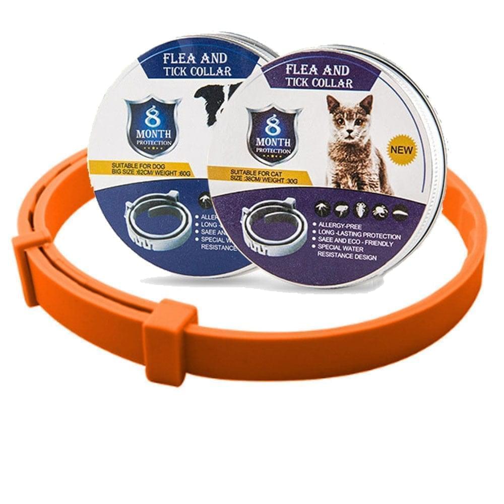 Durable, waterproof 8-month flea and tick collar for dogs and cats. Adjustable for secure pet pest control.