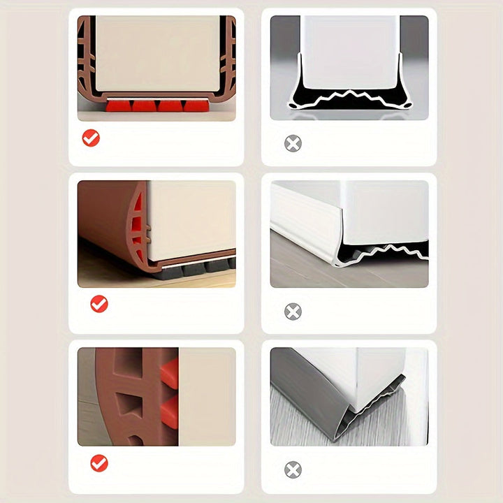 White adjustable door draft blocker, improving home insulation and preventing heat loss with a tight seal.