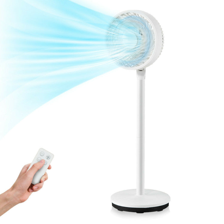 Adjustable height pedestal fan with remote control for quiet cooling in home, office, or bedroom.