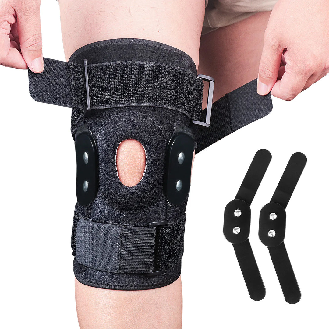 Adjustable hinged knee brace for men & women, providing strong joint support for injury relief & recovery.