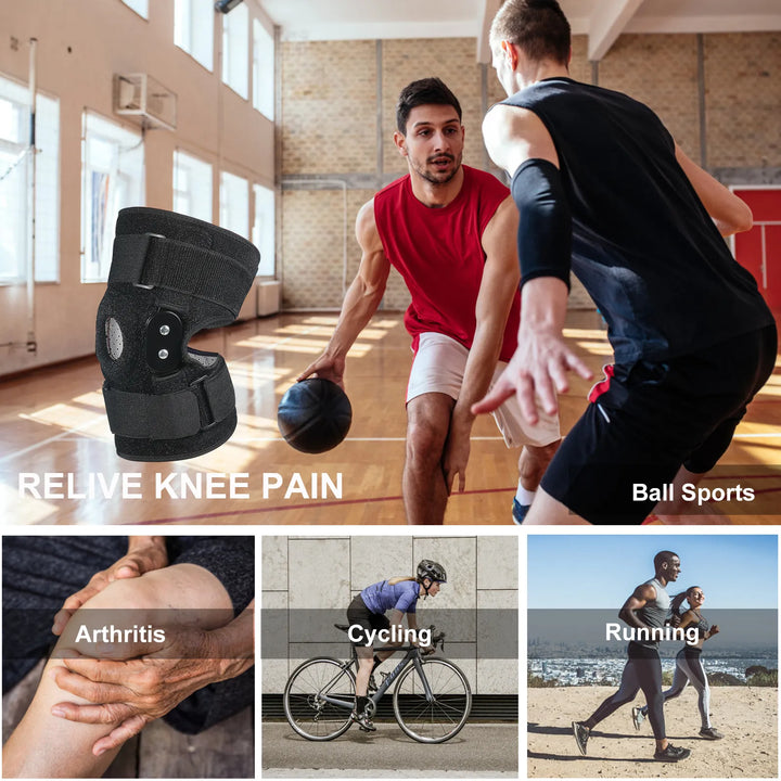 Hinged knee brace for men & women, offering adjustable support for joint pain relief & injury recovery.