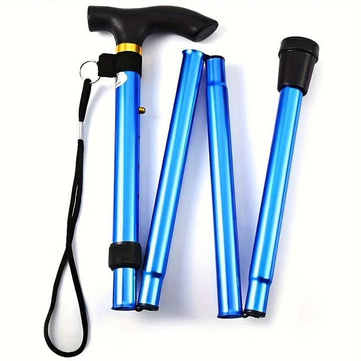Adjustable, folding telescopic walking stick, a portable mobility aid for adults with non-slip base & ergonomic grip.