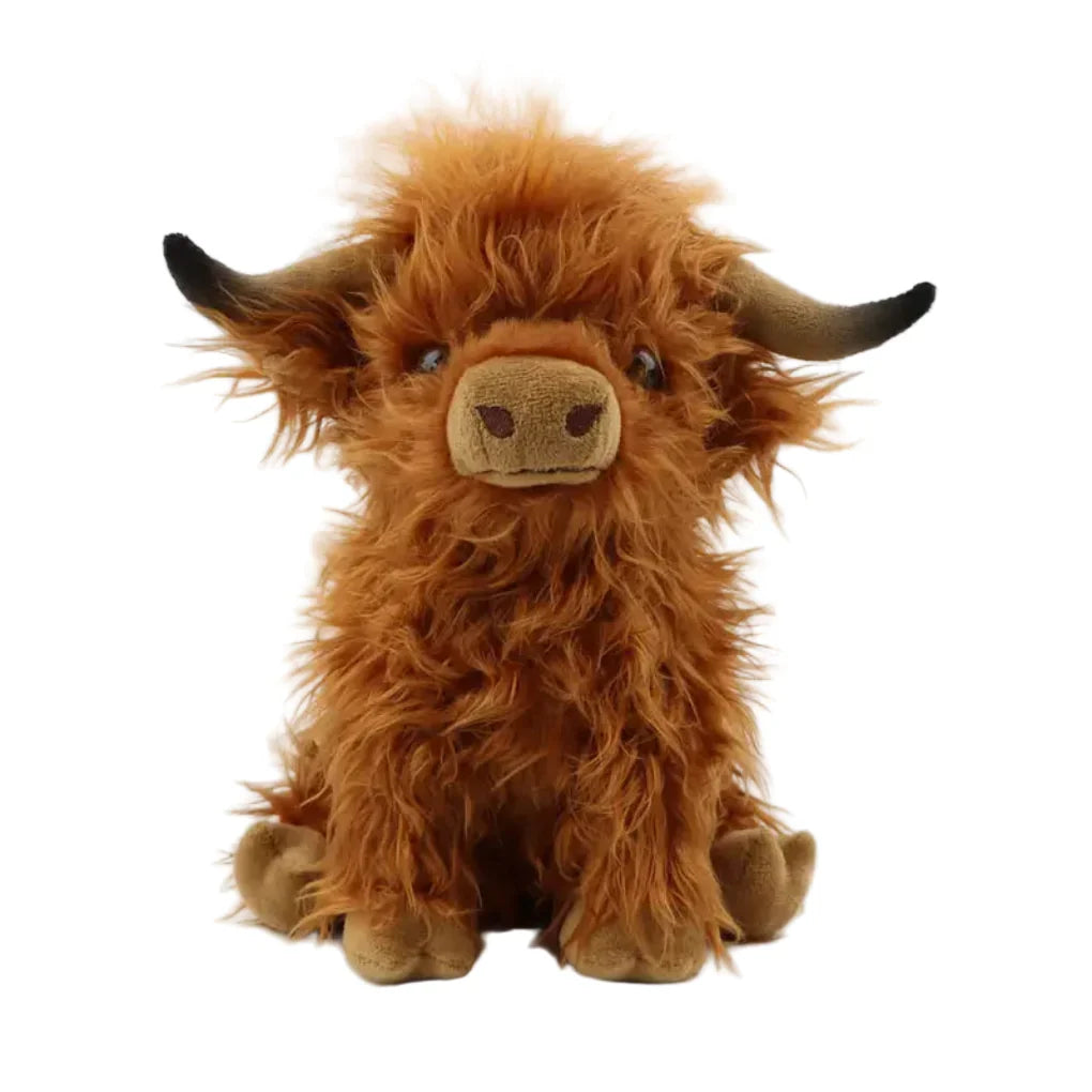 Adorable Cuddly Highland Cow plush toy, soft brown fur, perfect companion for kids & collectors.