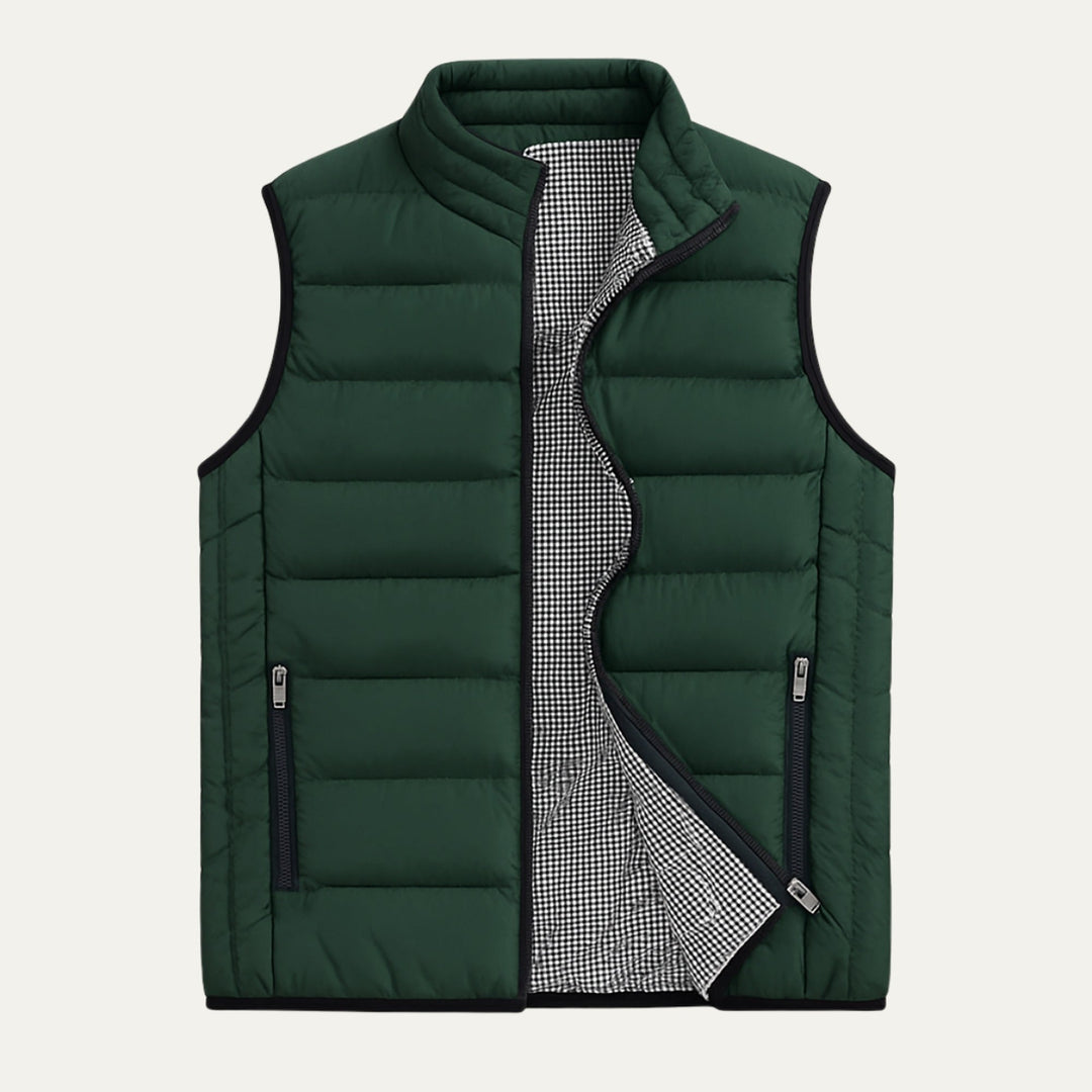 Forest green men's Adrian stand collar puffer vest, a versatile quilted outerwear piece for winter fashion.