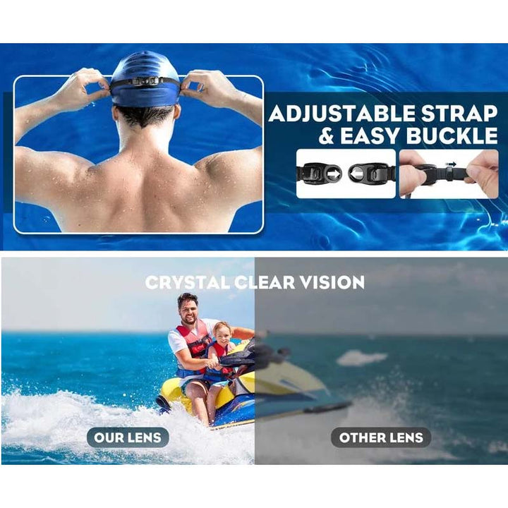 Adult swim goggles with comfortable silicone seal, wide view, anti-fog, UV protected design.