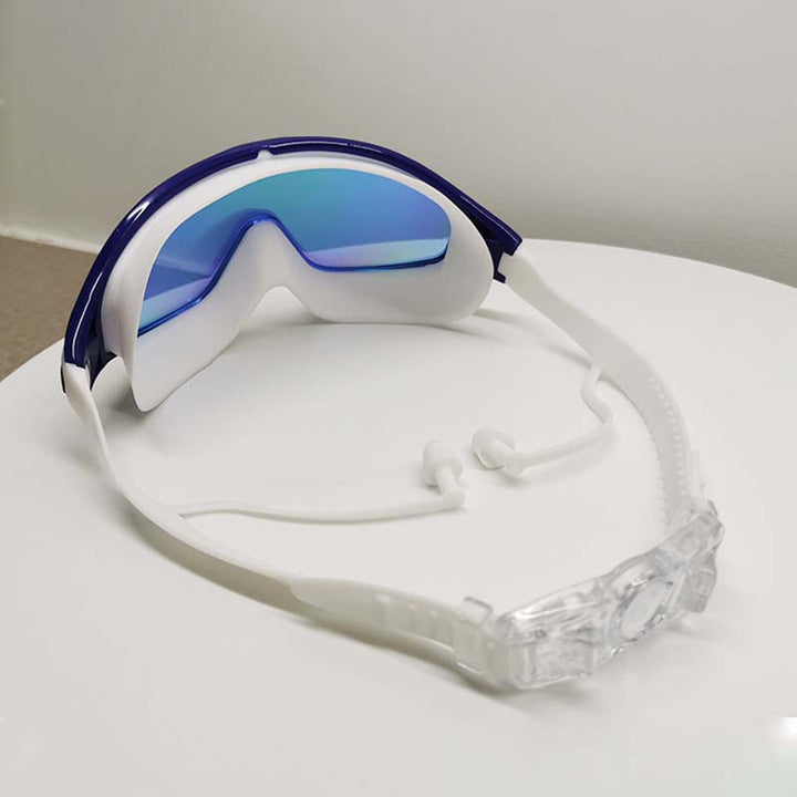 Wide view adult swim goggles for men & women, anti-fog, UV protection for aquatic activities.