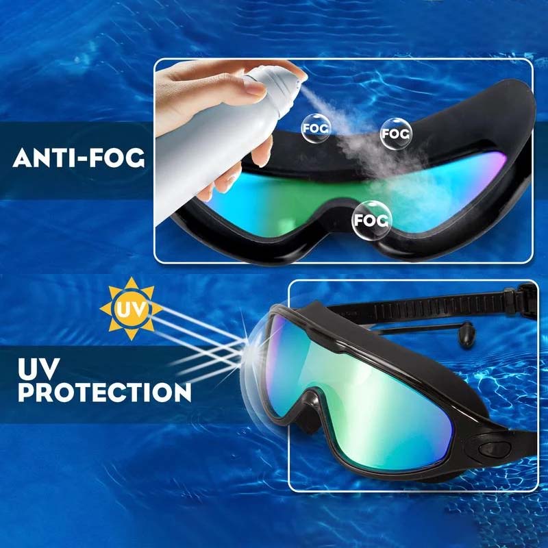 Adult swim goggles featuring anti-fog, UV protection, & a super wide field of view for clarity.
