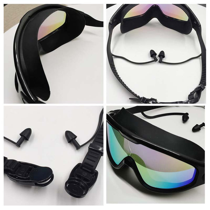 Recreational adult swim goggles, wide view, anti-fog, UV protection, great for pool use.