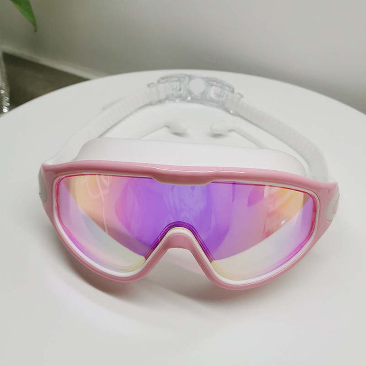 Ergonomic wide view adult swim goggles, anti-fog, UV protection for extended comfortable wear.