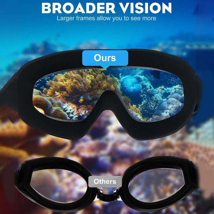 Comfortable silicone adult swim goggles with wide view, anti-fog & UV shield for swimmers.