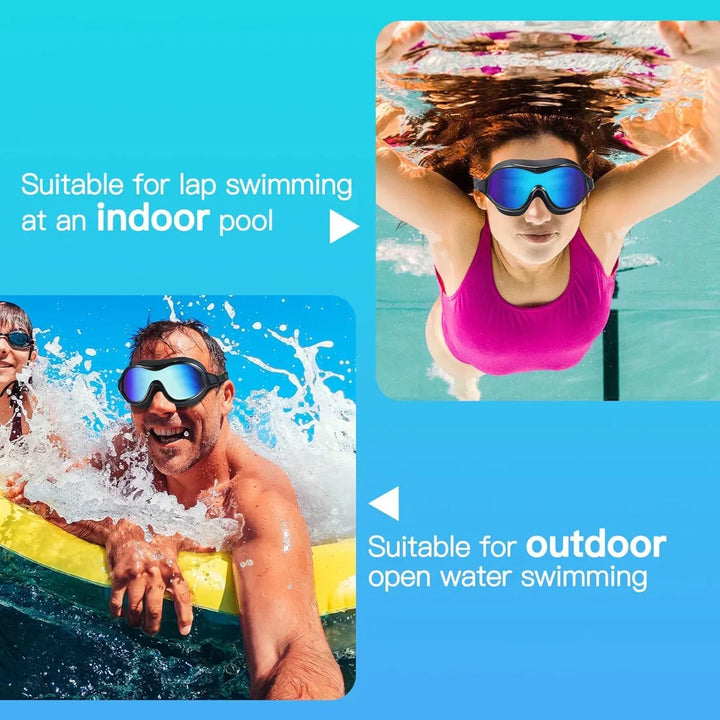 Durable adult swim goggles with anti-fog, UV shield, & wide panoramic view for clear vision.