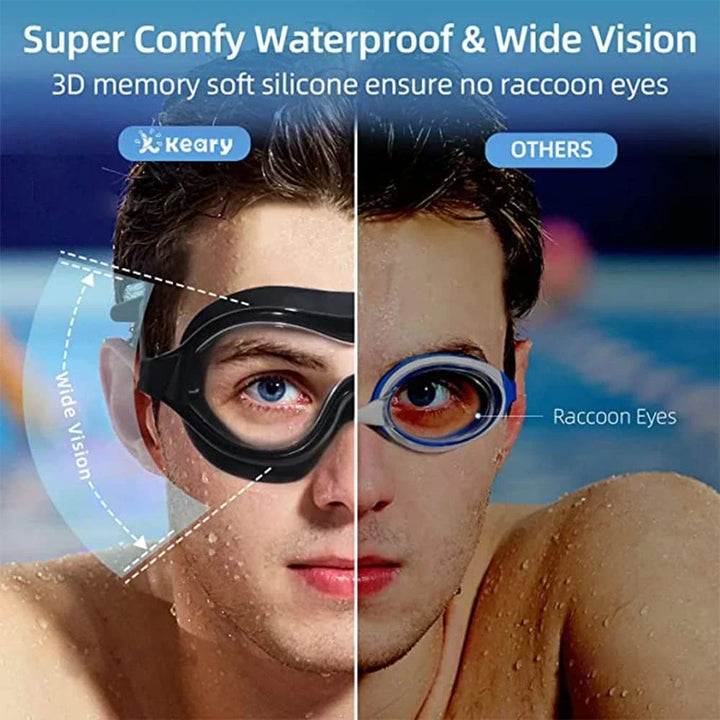 High-performance adult swim goggles, wide view, anti-fog, UV protection for all swimmers.