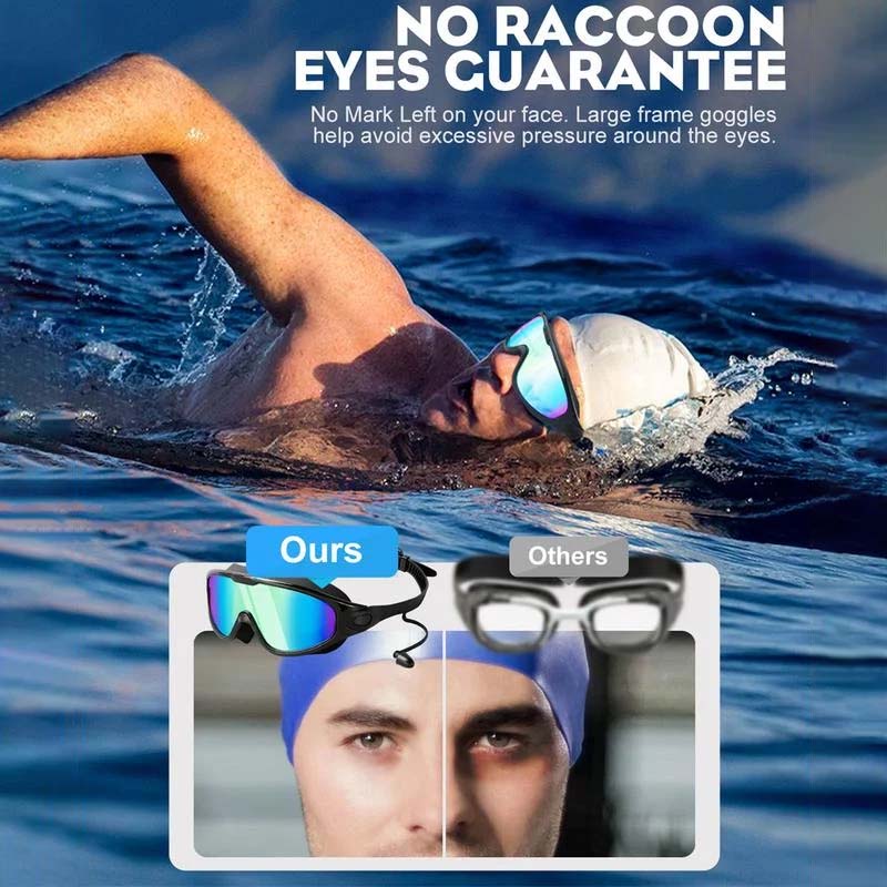 Stylish adult swim goggles with wide view lenses, anti-fog, & UV safeguard for pools.