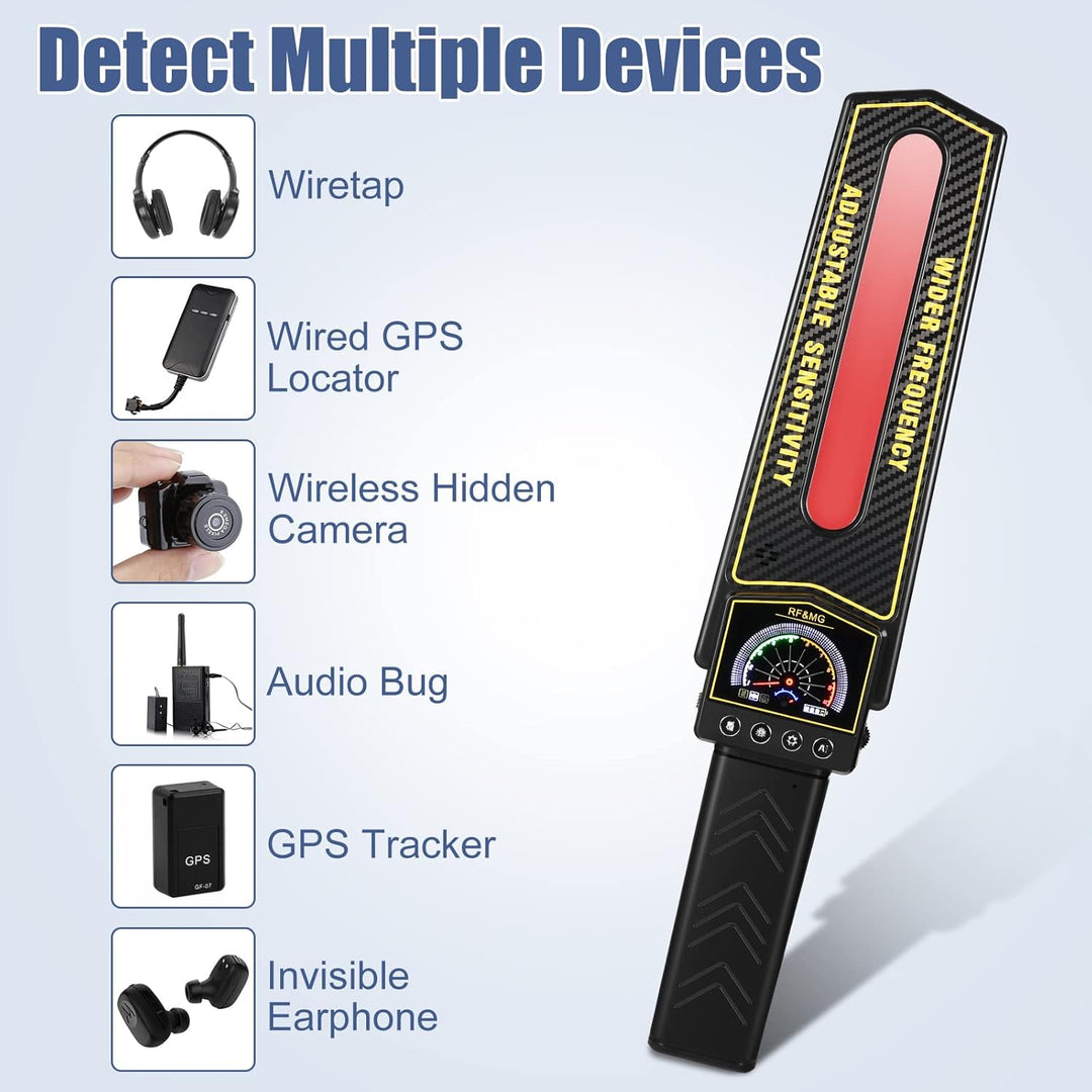 Portable anti-spy device: quickly finds hidden cameras, GPS trackers, and audio bugs in any space.