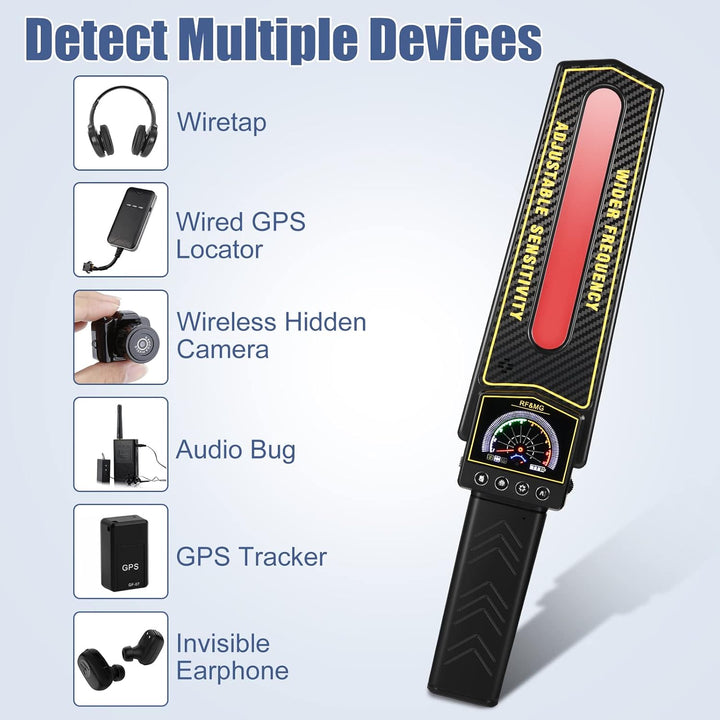 Portable anti-spy device: quickly finds hidden cameras, GPS trackers, and audio bugs in any space.