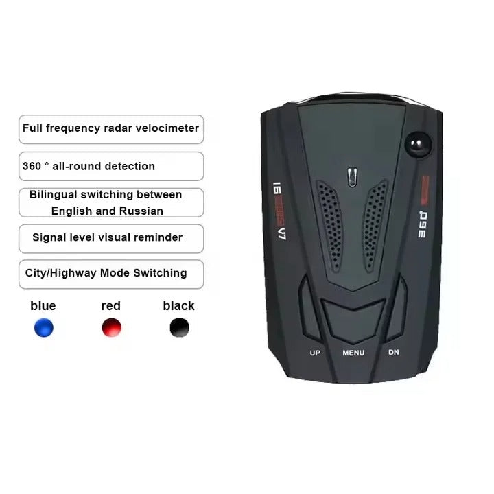 Sleek automotive radar detector in red & blue, a car tech accessory for long-range speed trap alerts & safety.