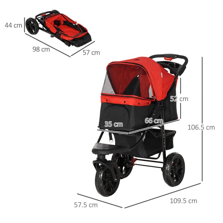 Foldable adventure pet stroller with safety features, storage, and smooth wheels for easy pet travel & transport.