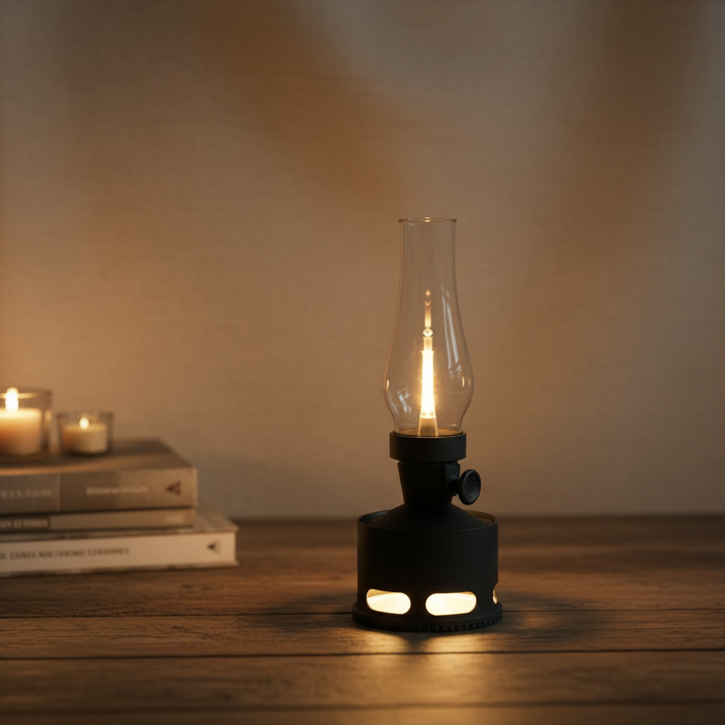 Ambient LED Flame Lantern with puff control, creating a cozy glow. USB-C rechargeable for portable mood lighting.
