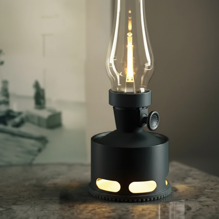 Stylish LED flame lantern with unique puff control for dimmable ambient light. Great home decor piece.