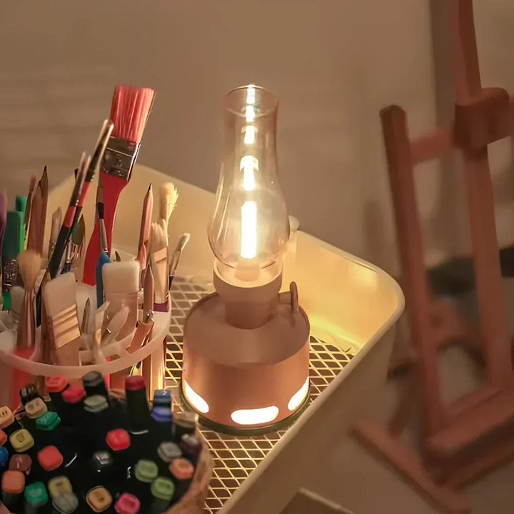Portable LED flame lantern, USB-C rechargeable for safe, ambient light indoors or outdoors. Long-lasting mood lighting.