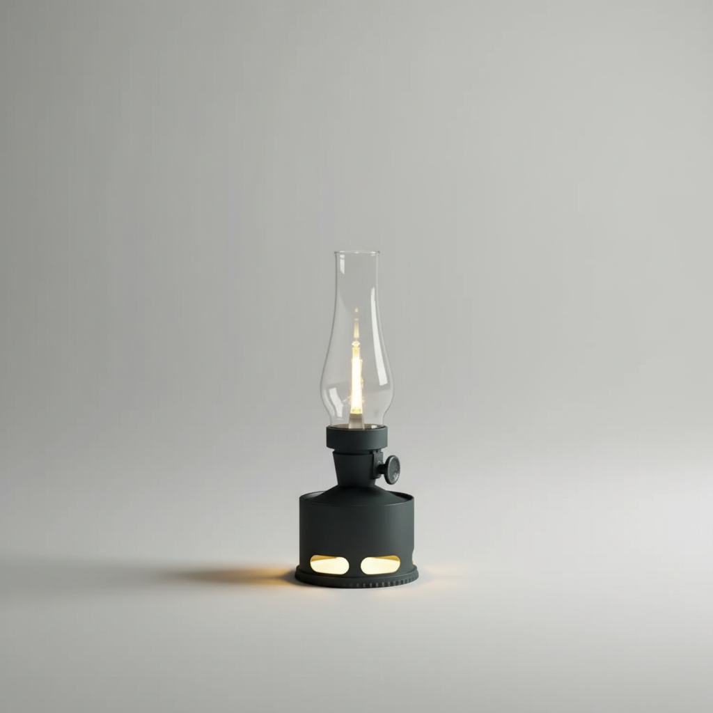 Interactive LED flame lantern with puff control. USB-C rechargeable, dimmable, and portable for mood lighting.