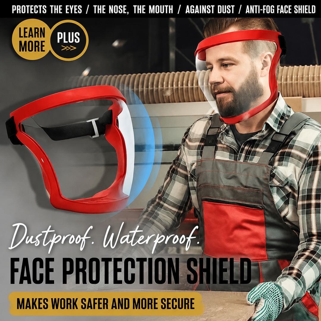 Protective anti-fog full face shield for DIY safety, woodworking, and workshop tasks. Adjustable.