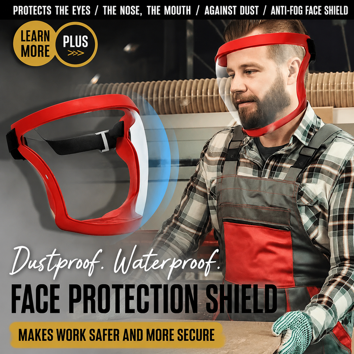 Protective anti-fog full face shield for DIY safety, woodworking, and workshop tasks. Adjustable.
