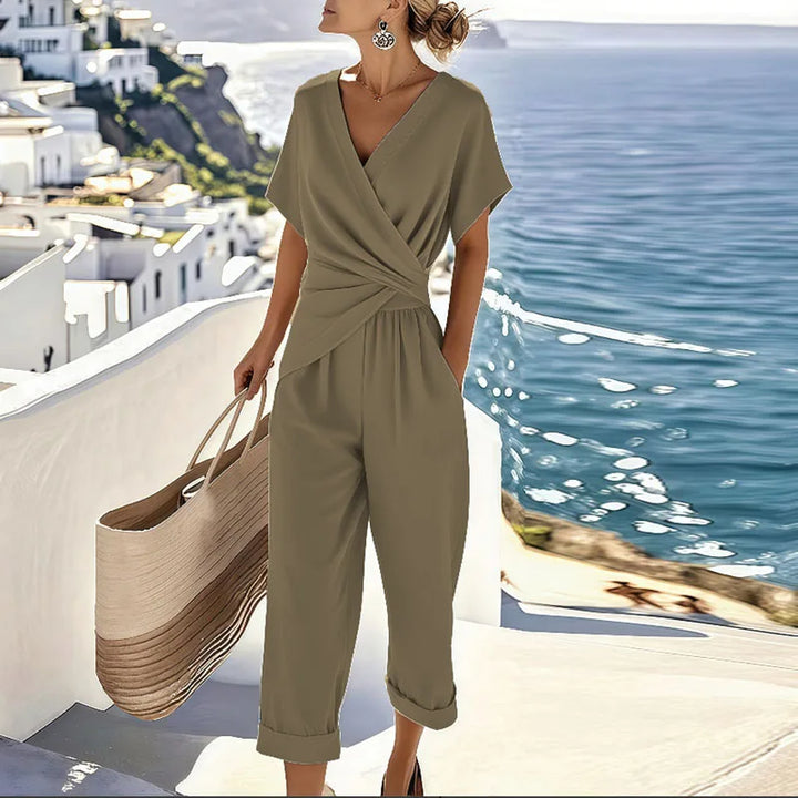 Khaki women's two-piece outfit: elegant wrap top and comfortable cropped pants, great for summer holidays.