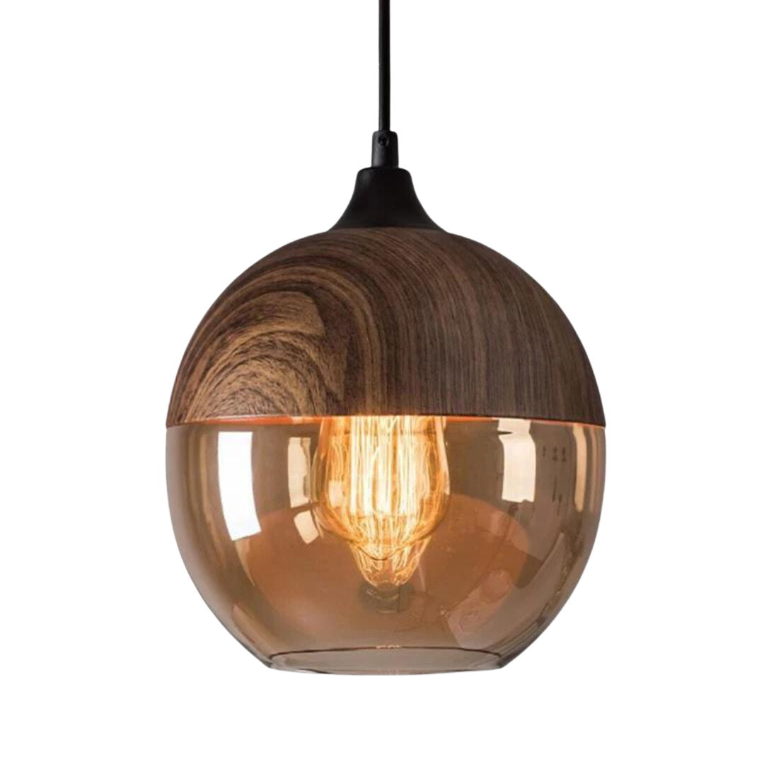 Arven Scandinavian pendant light, modern design with glass shade & wood accent for ambient lighting.