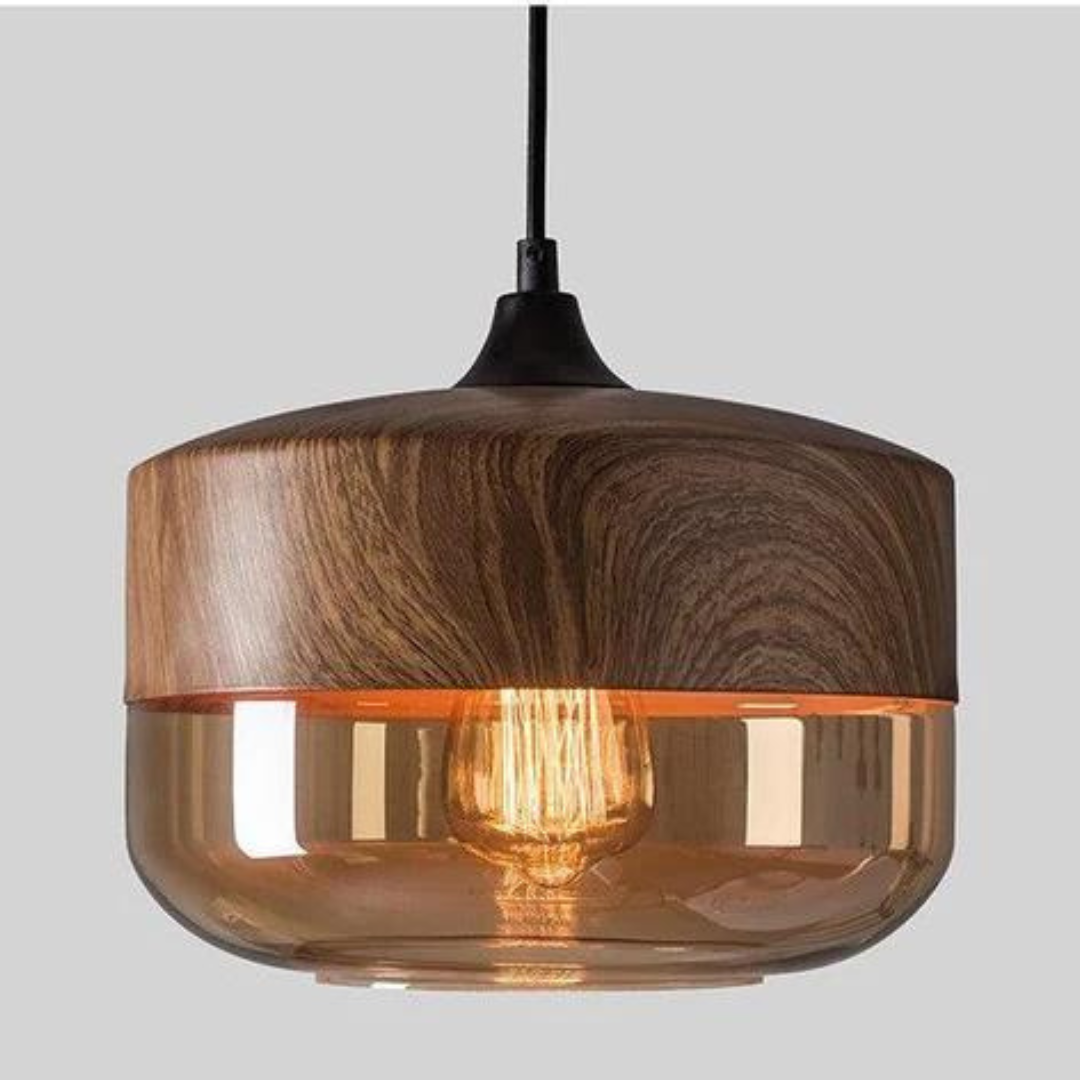 Smooth glass shade & rich wood grain of the Arven Nordic design pendant light, a modern lamp.