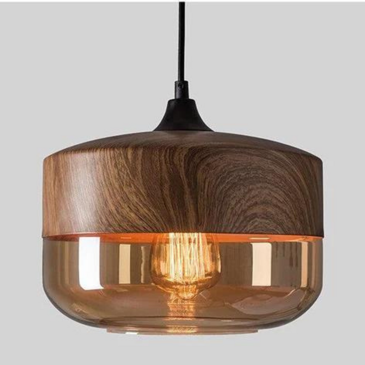 Smooth glass shade & rich wood grain of the Arven Nordic design pendant light, a modern lamp.