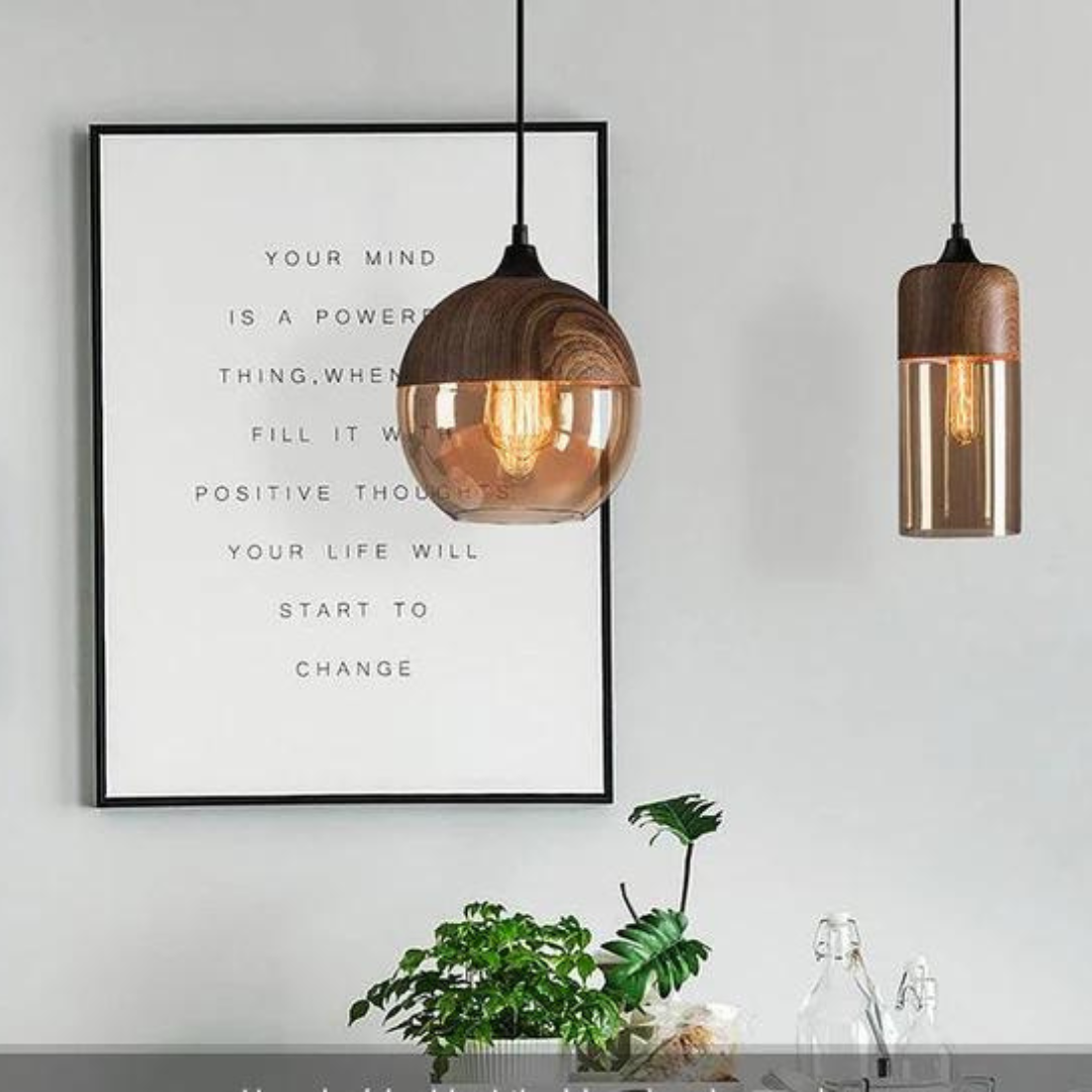 Arven pendant lamp, natural wood & glass bringing warmth and modern style to home decor.