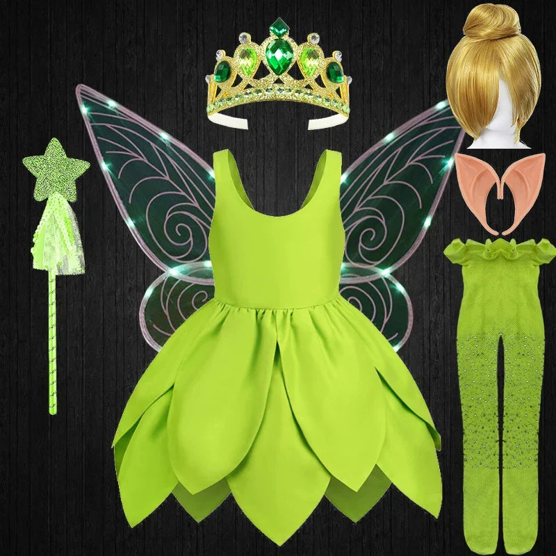 Green Tinkerbell fairy costume for imaginative children's play, includes wings and dress.