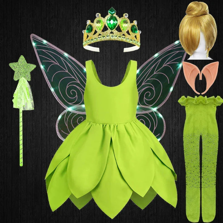 Green Tinkerbell fairy costume for imaginative children's play, includes wings and dress.