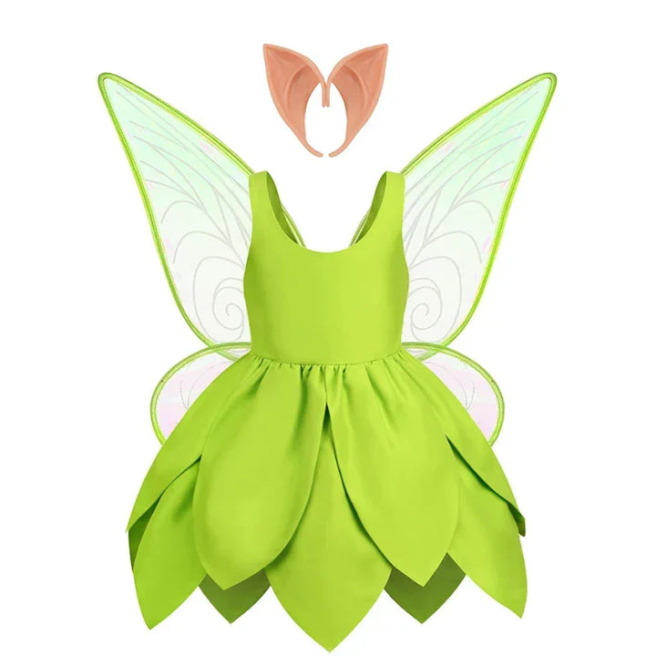 Full view of a child's Tinkerbell fairy costume, featuring a vibrant green dress and glittery wings.