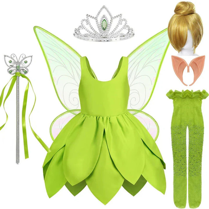 Green fairy dress-up costume for girls, inspired by Tinkerbell, with delicate wings.