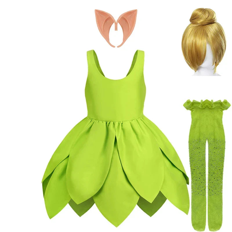 Complete Tinkerbell fairy costume set for kids, includes a stunning green dress, and magical wings.
