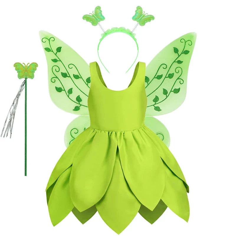 Sparkly Tinkerbell children's costume with green dress and fairy wings, ideal for dress-up parties.
